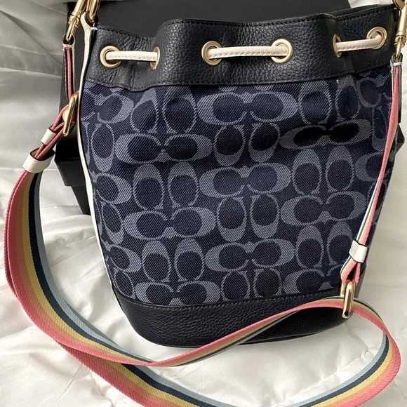 Coach Navy Blue Bucket Bag with Rainbow Strap - Picture 4 of 13